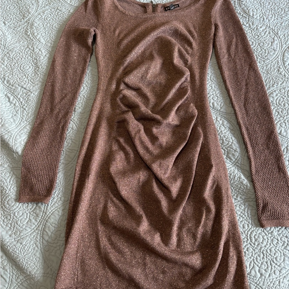 Express Gold Ruched Long Sleeve Sheath Dress
